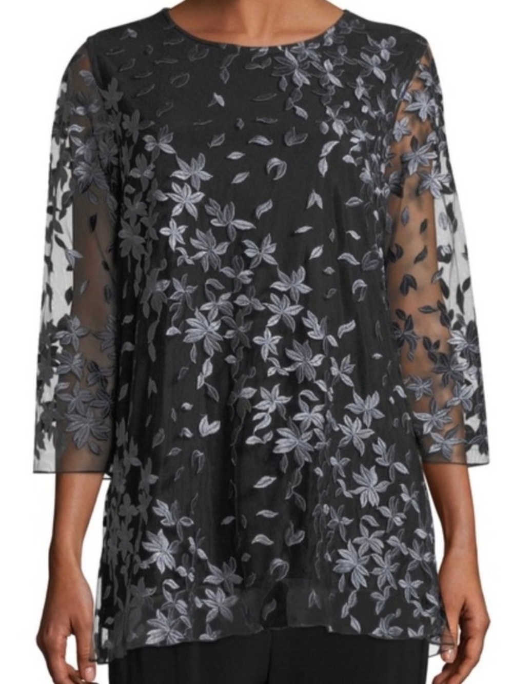 New Caroline Rose Floral Notes Embroider Layered Sheer Overlay Tunic Top Whimsy